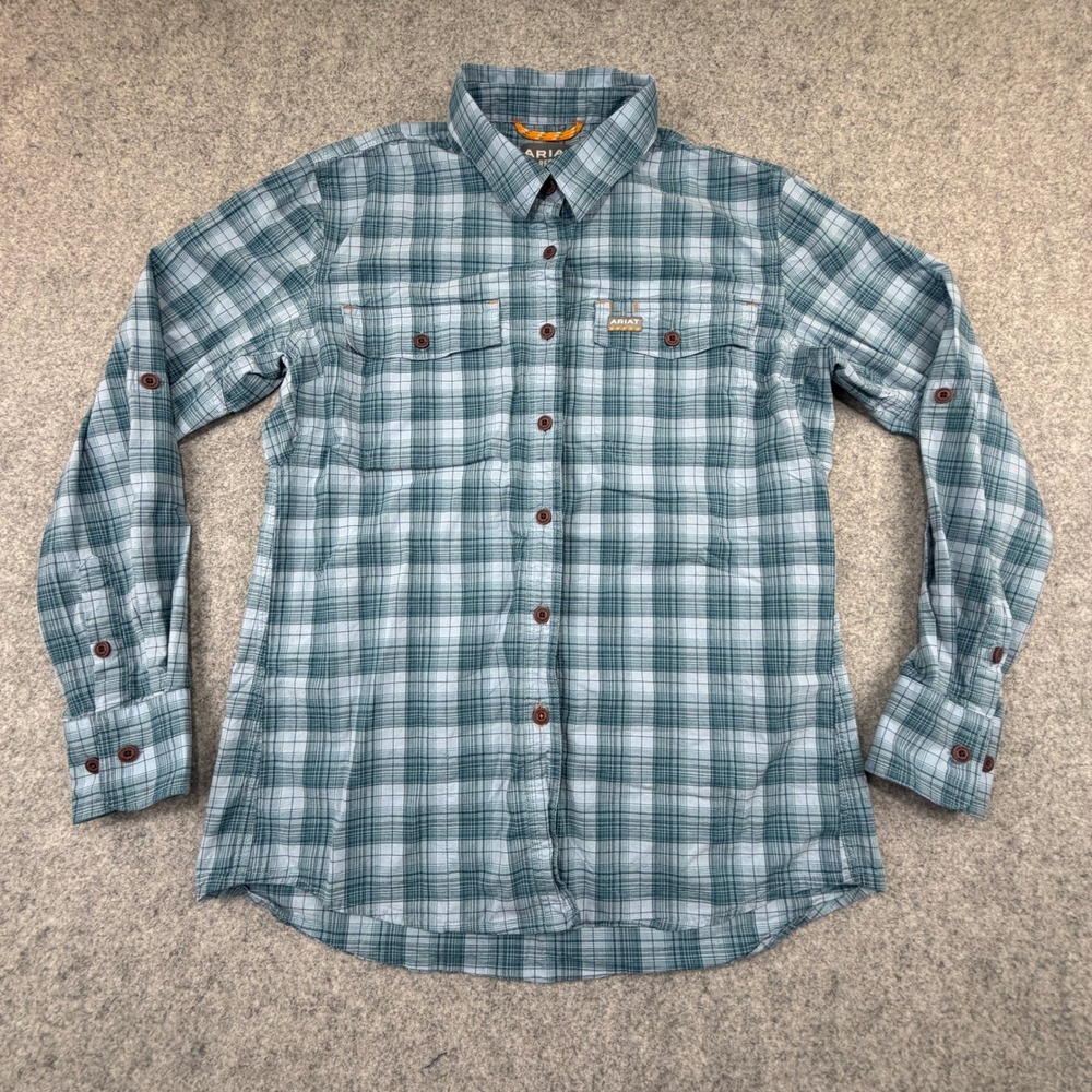 Ariat Rebar Made Tough Durastretch Plaid Work Shirt Blue Green Womens Medium